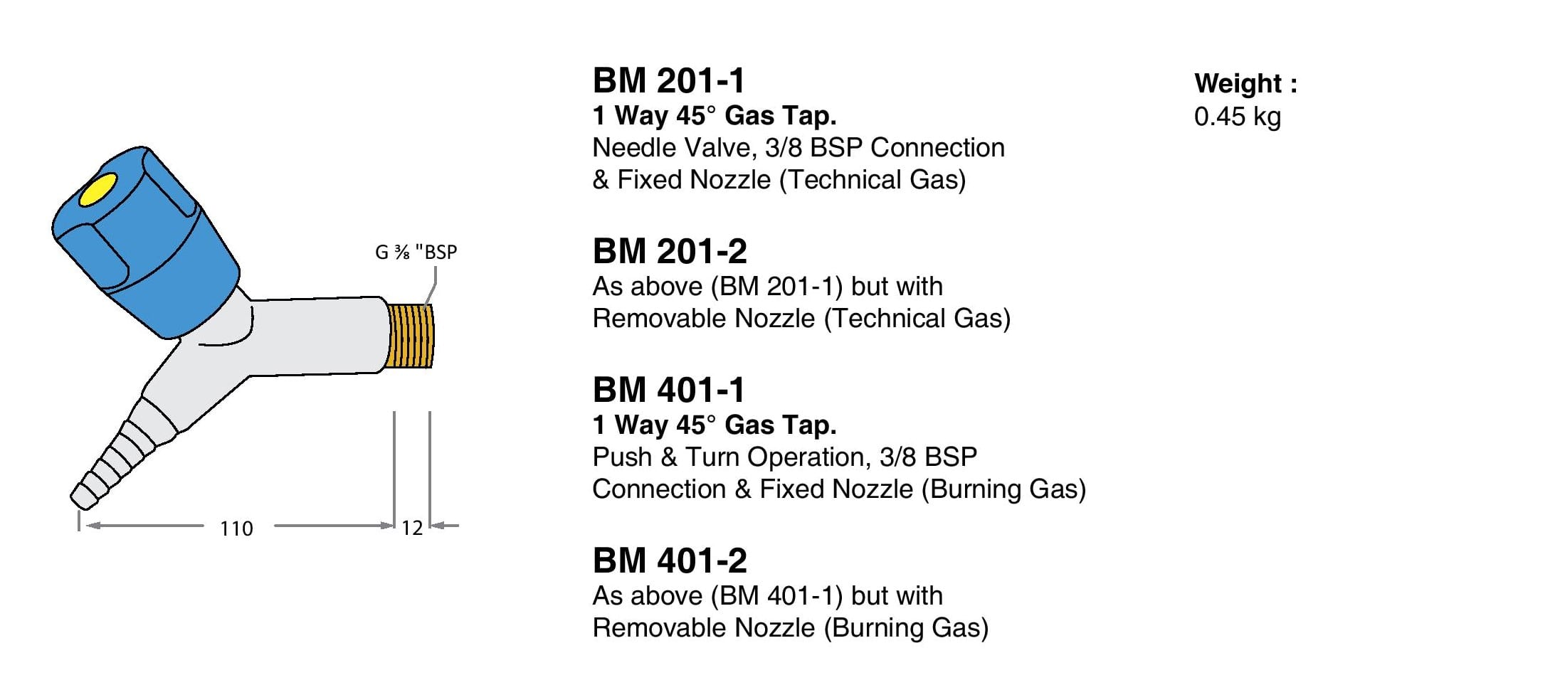 1 Way 45º Gas Tap Drawings