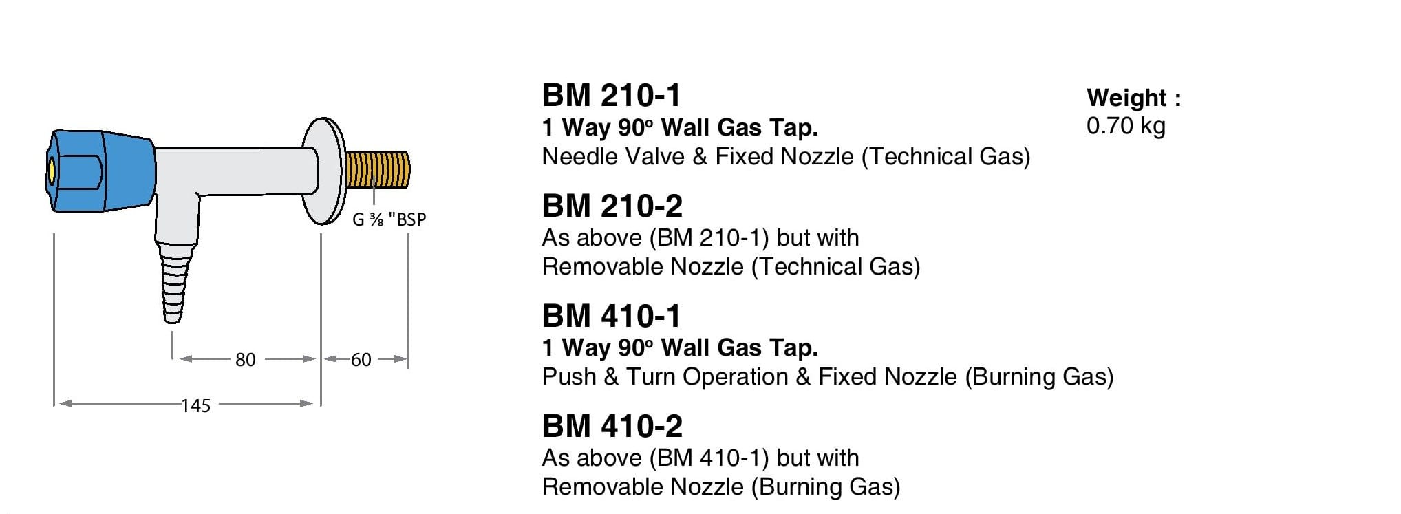 1 Way 90° Wall Gas Tap Drawings
