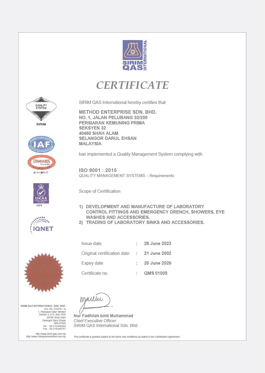 Certificate - Laboratory Safety Equipment | METHOD